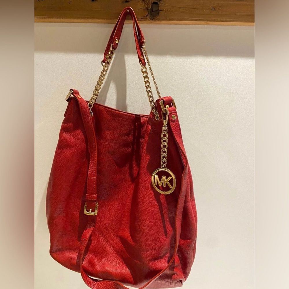 Red leather Michael Kors hand bag- gorgeous color water damage - not for sale - - Picture 1 of 3
